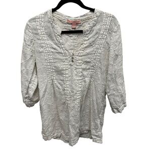 Marina Luna women’s embroidered linen shirt white boho coastal size small